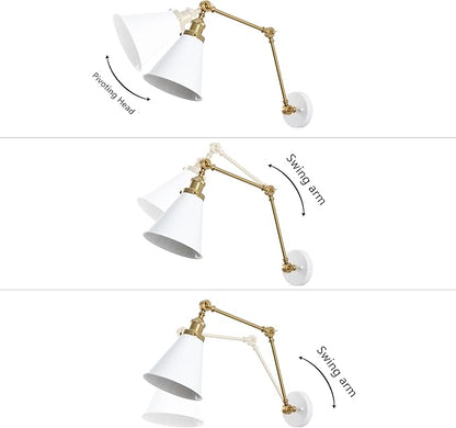 JONATHAN Y 7" White/Brass Gold Classic Industrial Metal Adjustable Arm LED Wall Sconce for Bedside Reading, Farmhouse Swing Arm Wall Lamp with Metal Shade, Hardwired (JYL7462B-SET2)