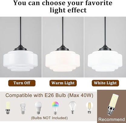 Schoolhouse Pendant Light, 14" Mid Century Pendant Lighting Fixture Vintage Milk Glass Chandelier with Black Metal for Dining Room Kitchen Island Bedroom Hallway, Adjustable Height (E26)