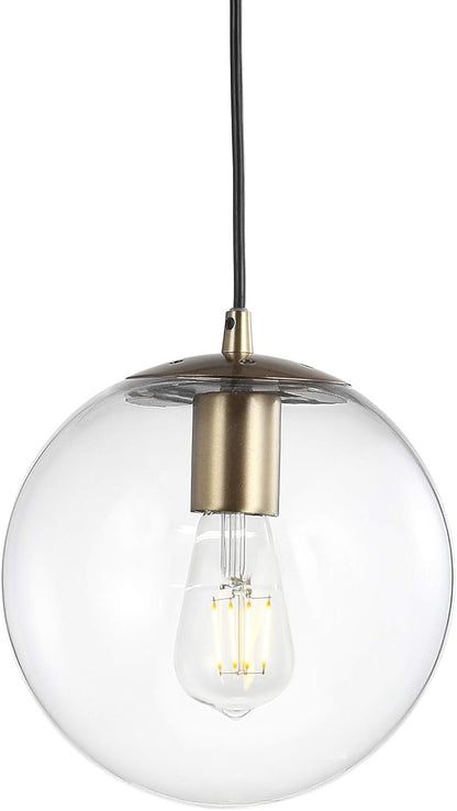 JONATHAN Y 7.75" Clear/Brass Gold Modern Globe LED Pendant Light, Industrial Hanging Ceiling Lamp for Kitchen Island, White Glass Globe Shade, LED Bulb Included (JYL9528C)