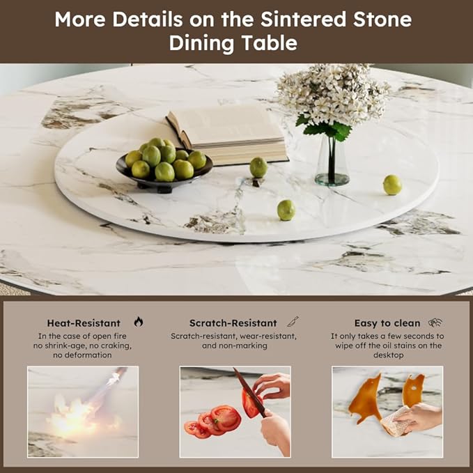 Modern Sintered Stone Dining Table for 6-8, Luxury Faux Marble Kitchen Table with Heavy-Duty Stainless Steel Base, Heat-Resistant Furniture for Dining Room (Table+4 Chairs,59'')