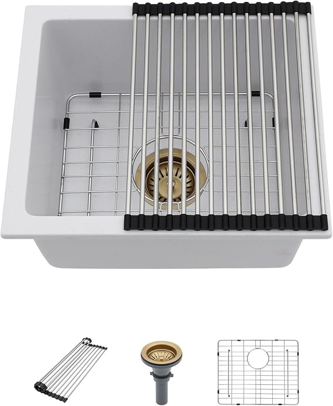 18 White Granite Composite Bar Sink - 18x16 Undermount Granite Quartz Kitchen Sink Pure White 9 Inch Depth Small Signle Bowl RV Sinks Under Counter