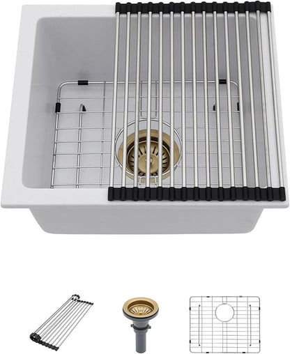 18 White Granite Composite Bar Sink - 18x16 Undermount Granite Quartz Kitchen Sink Pure White 9 Inch Depth Small Signle Bowl RV Sinks Under Counter