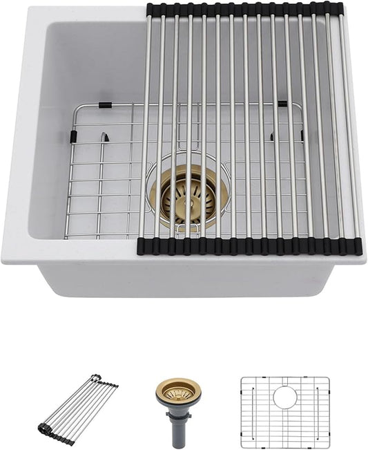 18 White Granite Composite Bar Sink - 18x16 Undermount Granite Quartz Kitchen Sink Pure White 9 Inch Depth Small Signle Bowl RV Sinks Under Counter
