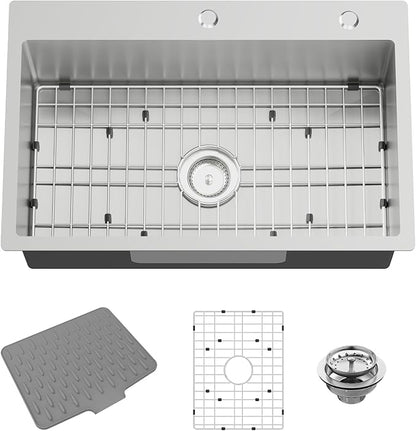 28x18 Inch Stainless Steel Kitchen Sink-Drop In Single Bowl Topmount Kitchen Sink Stylish And Modern Look Come With Bottom Grid,Silicon Mat And Drain Assembly Add Elegance & Enhance Usability