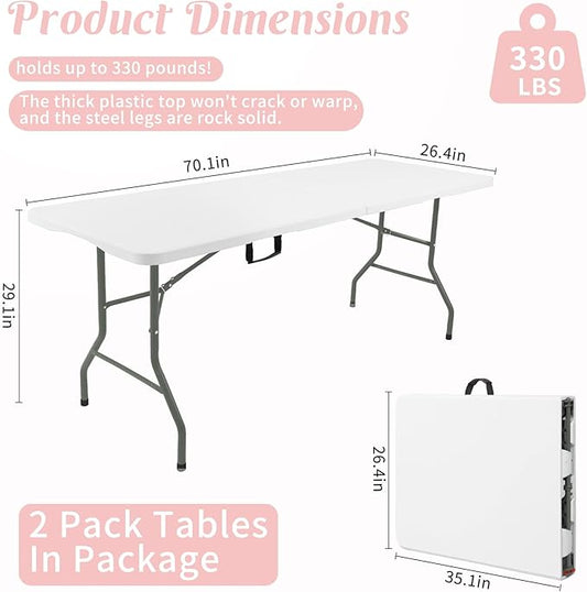 Fivenl 2 Pack 6 Feet Portable Folding Table White, Steel Legs Fold-in-Half with Carrying Handle Rectangular Plastic Foldable Table for Party, Wedding, Camping, Picnic, Dining, Indoor Outdoor Events