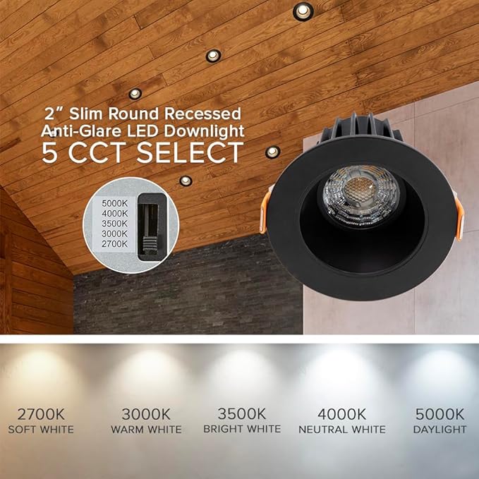 Maxxima 2 in. Ultra-Thin Recessed Anti-Glare LED Downlight - Canless IC Rated, 5 Color Temperature Selectable 2700K/3000K/3500K/4000K/5000K, Dimmable, Round Black Trim, 90 CRI