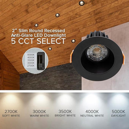 Maxxima 2 in. Ultra-Thin Recessed Anti-Glare LED Downlight - Canless IC Rated, 5 Color Temperature Selectable 2700K/3000K/3500K/4000K/5000K, Dimmable, Round Black Trim, 90 CRI