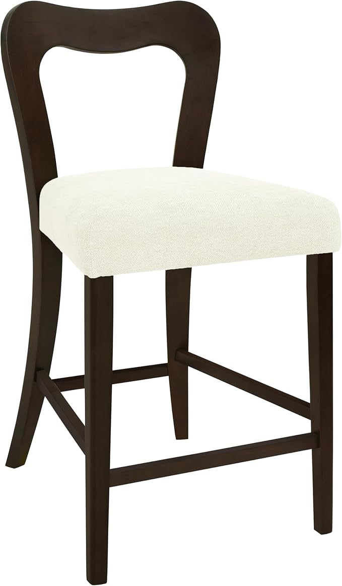 Counter Stools Without Arms Set of 2 (Dark Brown + Beige) - Solid Rubberwood Frame & Fabric Seat, Ergonomic Curved Back, 300LBS Capacity for Kitchen Island, Dining Room, Home Bar