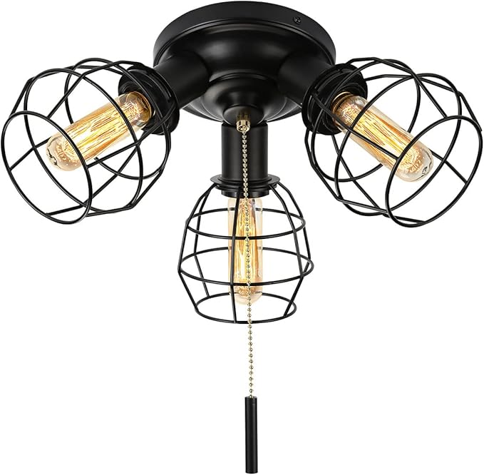 EVAHOM Pull Chain Light Fixture, 3 Light Semi Flush Mount Ceiling Fixture, Vintage Pendant Light Fixture for Porch/Hallway/Kitchen/Bedroom, Bulb Not Included