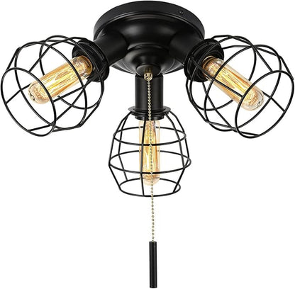 EVAHOM Pull Chain Light Fixture, 3 Light Semi Flush Mount Ceiling Fixture, Vintage Pendant Light Fixture for Porch/Hallway/Kitchen/Bedroom, Bulb Not Included