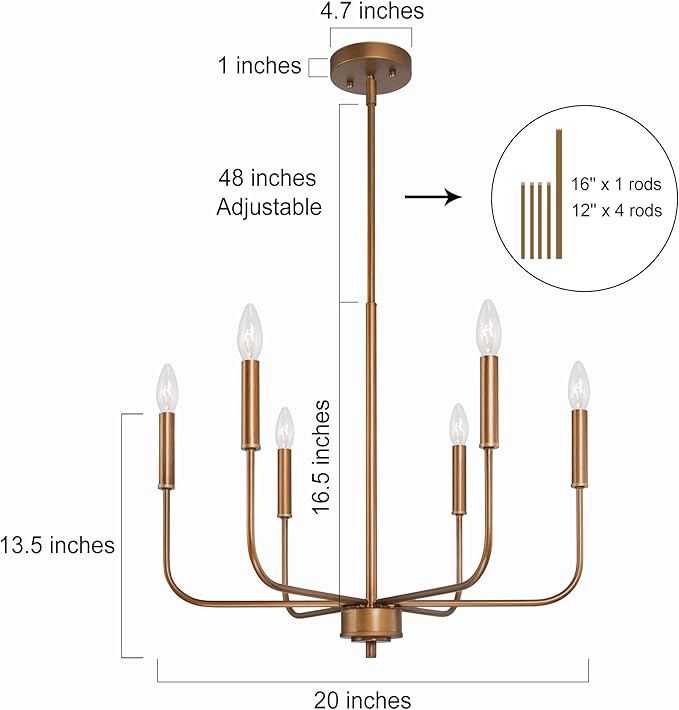 KSANA Modern Gold Chandeliers for Dining Room, 6-Light Kitchen Island Lights Farmhouse Candle Hanging Pendant Light Fixtures for Living Room Foyer Bedroom