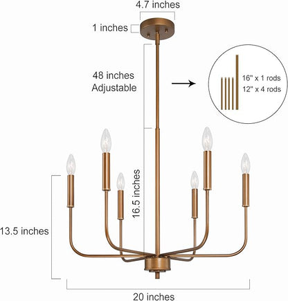 KSANA Modern Gold Chandeliers for Dining Room, 6-Light Kitchen Island Lights Farmhouse Candle Hanging Pendant Light Fixtures for Living Room Foyer Bedroom