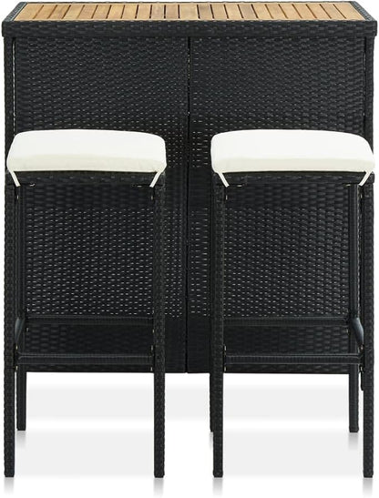 3 Piece Bar Set Black Rectangular Table with 2 Stools Acacia Wood Surface Indoor Outdoor Use for Dining Room Kitchen Balcony