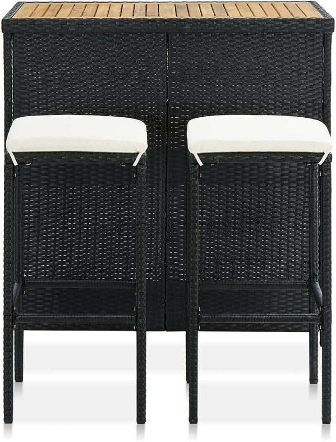 3-Piece Bar Table Set with PE Rattan Steel Frame and Acacia Wood Tabletop, Black Bistro Set Indoor Outdoor for Kitchen Living Room