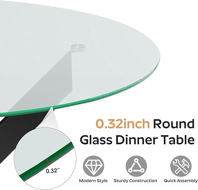 36-Inch Round Tempered Glass Dining Table for 2-4 Person Space-Saving Small Kitchen Table with Heavy-Duty Black Metal Legs Perfect for Breakfast Nook, Studio Apartment & Bistro Setting
