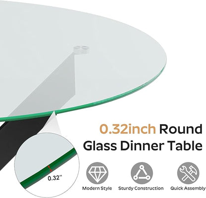 47-Inch Round Tempered Glass Dining Table for 2-4 Person - Heavy-Duty Black Metal Base with Adjustable Non-Slip Mats - Modern Small Kitchen Table for Dining Room, Apartment, Condo (Clear Top)
