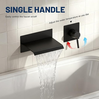 BWE Wall Mount Bathtub Faucet Matte Black Single Handle Bathtub Faucet with Rough in Valve High Flow Waterfall Tub Spout
