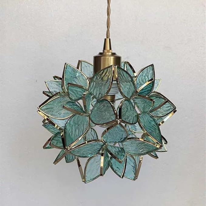 Glass Flower Pendant Lights Floral Petal Light Fixture Modern Hanging Lamp 7 Inch Mini Pendant Lighting for Kitchen Island - Green Textured Glass Shade