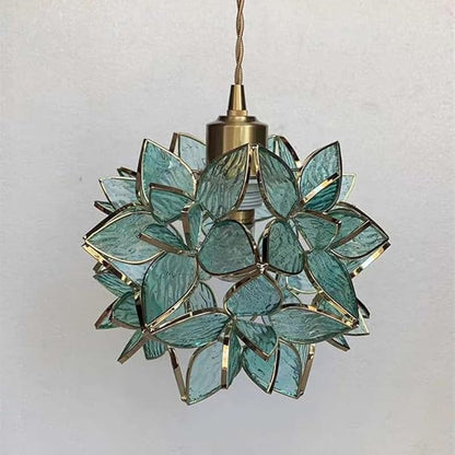 Glass Flower Pendant Lights Floral Petal Light Fixture Modern Hanging Lamp 7 Inch Mini Pendant Lighting for Kitchen Island - Green Textured Glass Shade