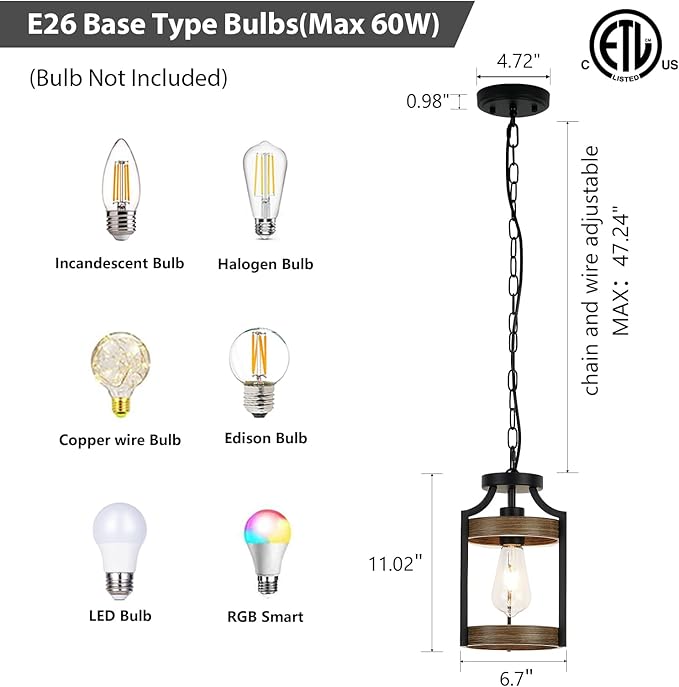 Farmhouse Pendant Light, Rustic Wood Metal Light Fixtures with Adjustable Hanging Chain, Small Pendant Lighting for Kitchen Island, Dining Room, Entryway, Cafe & Bar, 1 Pack