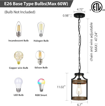 Farmhouse Pendant Light, Rustic Wood Metal Light Fixtures with Adjustable Hanging Chain, Small Pendant Lighting for Kitchen Island, Dining Room, Entryway, Cafe & Bar, 1 Pack