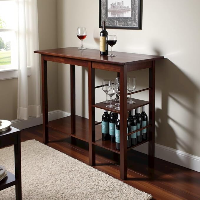 Furnifact Antique Walnut Dining Table with Storage – Small Kitchen Table for 2 – Space-Saving High Top Dinner Table with Side Shelves for Compact Spaces