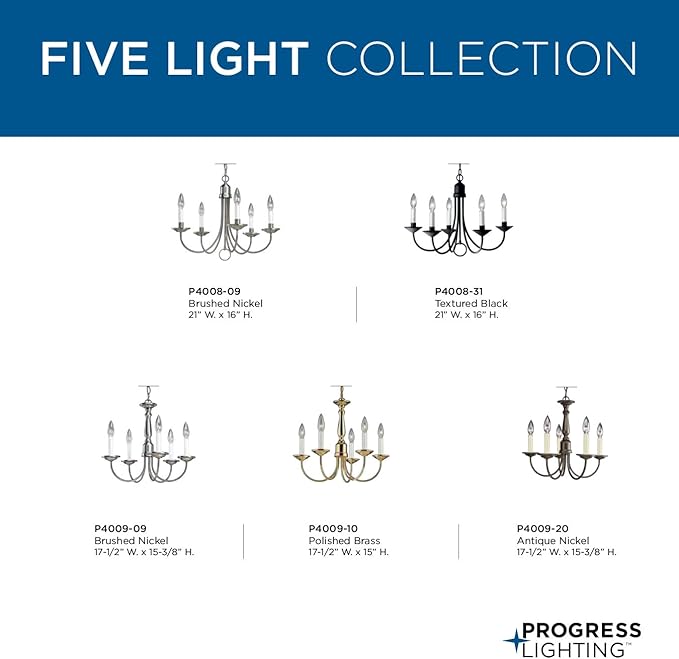 Progress Lighting Five-Light White Candles Traditional Chandelier Light, P4008-31, Textured Black