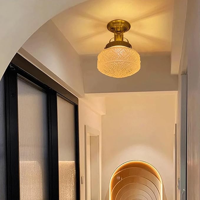 Bofea-Gold Semi Flush Mount Ceiling Light,Brass Vintage Flush Mounted Ceiling Lighting with Milk White Glass Shade, Mid-Century Style Ceiling Light Fixture for Hallway Foyer Loft Bathroom Bedroom. (B)