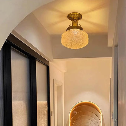 Bofea-Gold Semi Flush Mount Ceiling Light,Brass Vintage Flush Mounted Ceiling Lighting with Milk White Glass Shade, Mid-Century Style Ceiling Light Fixture for Hallway Foyer Loft Bathroom Bedroom. (B)