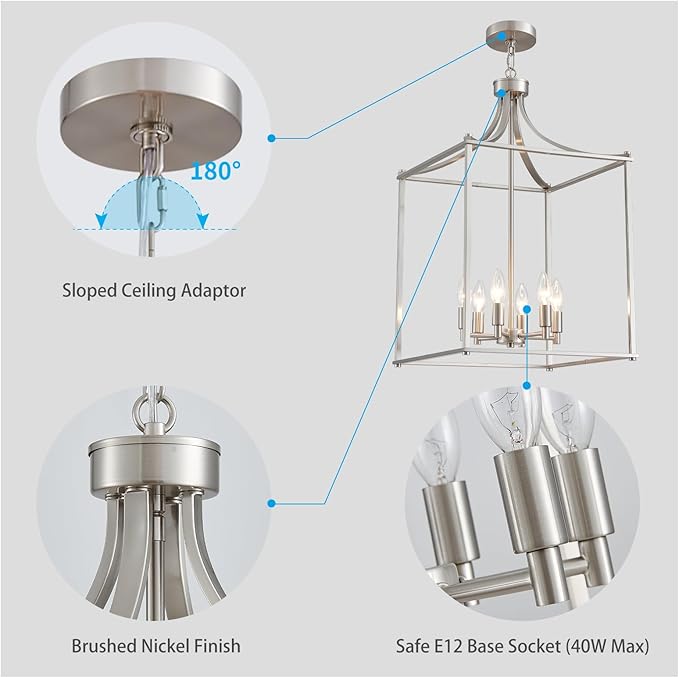 XINGQI 15.7" Brushed Nickel Chandeliers for Dining Room Modern Farmhouse Geometric 6-Light Hanging Lantern Pendant Lighting Fixture for Foyer Kitchen Island Dinning Room Living Room