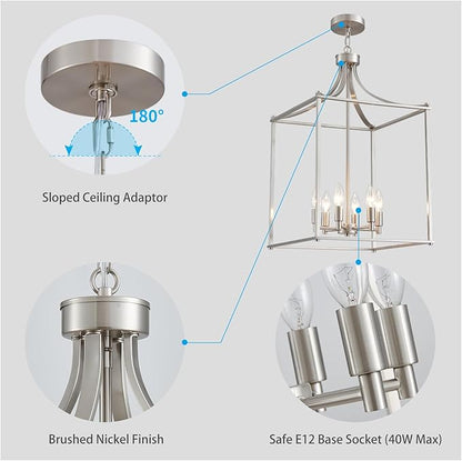 XINGQI 15.7" Brushed Nickel Chandeliers for Dining Room Modern Farmhouse Geometric 6-Light Hanging Lantern Pendant Lighting Fixture for Foyer Kitchen Island Dinning Room Living Room