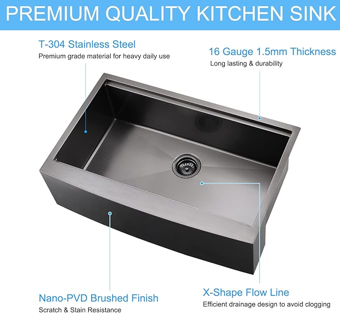 Loftus 33 Inch Matte Black Apron Front Workstation Sink - Stainless Steel 16 Gauge Single Bowl Farm Sink, Gunmetal Black