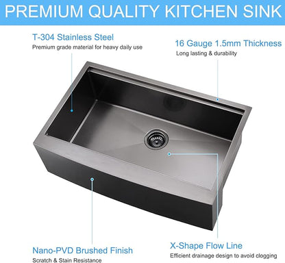 Loftus 33 Inch Matte Black Apron Front Workstation Sink - Stainless Steel 16 Gauge Single Bowl Farm Sink, Gunmetal Black