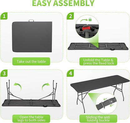 BestOffice 6 FT Picnic Table, Portable Plastic Folding Table with Carrying Handle Perfect for Picnics, Parties, Party and Camping, Grey