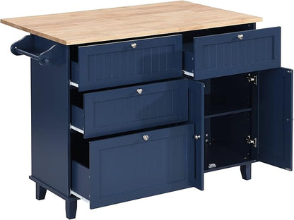 Kitchen Island Set with Drop Leaf and 2 Seatings, Dining Table Set with Storage Cabinet, Drawers and Towel Rack, Suitable for Kitchens, Dining Rooms (Blue+Black+Brown@d)