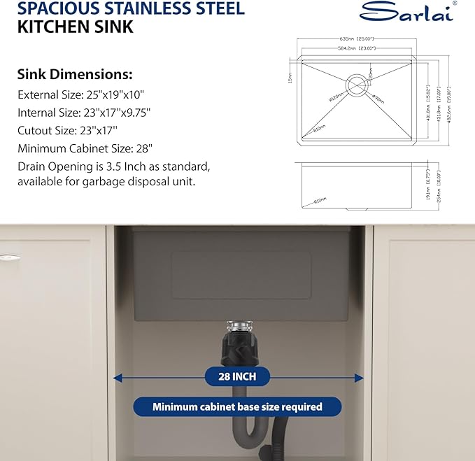 Sarlai 25 Inch Kitchen Sink Undermount - 25"x19" Undermount Sink Ledge Workstation Stainless Steel 16 Gauge Deep Single Bowl Under Counter Kitchen Sinks with Accessories