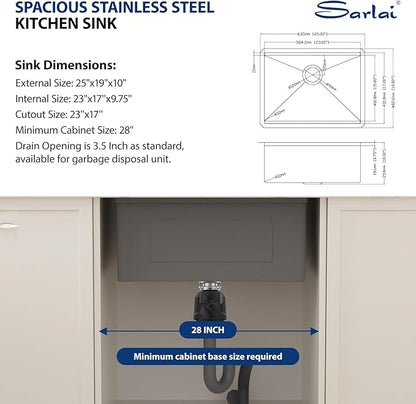 Sarlai 25 Inch Kitchen Sink Undermount - 25"x19" Undermount Sink Ledge Workstation Stainless Steel 16 Gauge Deep Single Bowl Under Counter Kitchen Sinks with Accessories