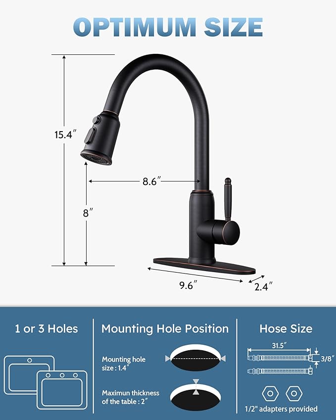 WOWOW Bronze Kitchen Faucet with Sprayer: 304 Stainless Steel Kitchen Sink Faucet High Arc Pull Down Design for 1 or 3 Hole, Vintage Style