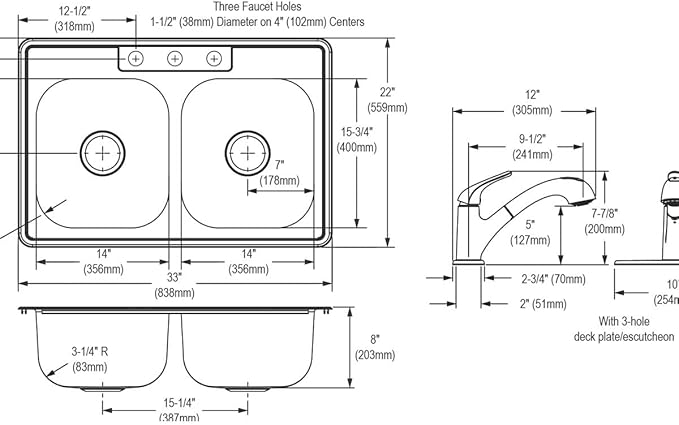 Dayton Stainless Steel 33" x 22" x 8-1/16", 3-Hole Equal Double Bowl Drop-in Sink and Faucet Kit