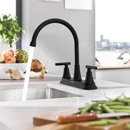 HURRAN 2 Handle Kitchen Sink Faucet, 8 Inch High Arc 360°Swivel Kitchen Sink Faucet, 3 Hole Kitchen Faucet Without Side Sprayer, Centerset RV Kitchen Faucet with Stainless Steel Pipe, Black