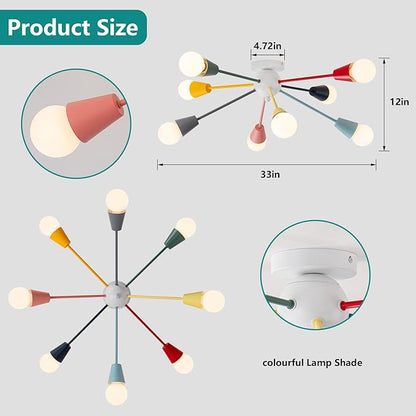Colorful Chandelier, 8-Light Modern Sputnik Chandelier, Kids Ceiling Light with Multi Color Rainbow Semi Flush Mount Ceiling Lights for Living Room Dining Room Bedroom Playroom E26 Base