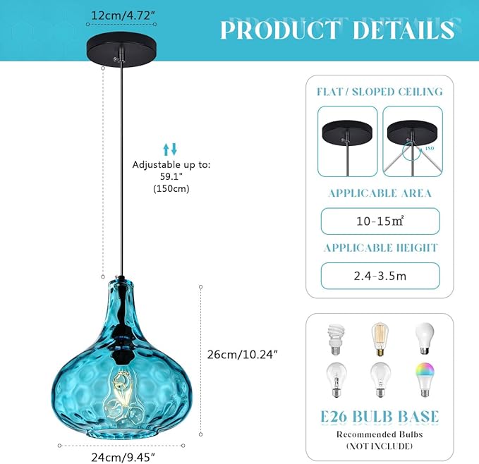 Kitchen Island Blue Pendant Lights, Vintage Globe Pendant Light Fixture Glass Mid-Century Modern Chandelier Pendant Lighting Black Finish 9.45″ Glass Shade Farmhouse (Blue-Hardwired)
