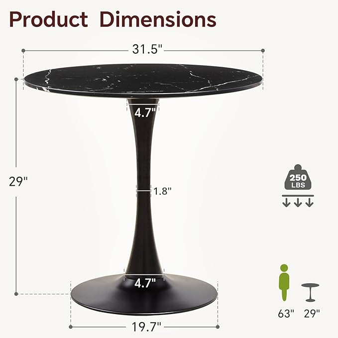 Round Dining Table 31.5" Faux Marble Black Tulip Table with Pedestal Base for 2-4 People Small Space - Kitchen Living Room Cafe