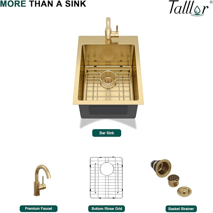 15 x 20 Inch Gold Drop In Bar Sink with Faucet, 16 Gauge 304 Stainless Steel Single Bowl Sink with Gold Finish for Kitchen Bars, RV, and Boat #TLT-0031