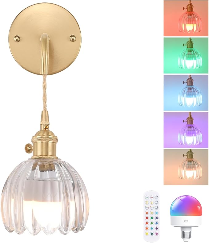 Shenmoyl Battery Operated Wall Sconce with Clear Tulip Shade Pattern Glass Adjustable Chain Retro Gold Wall Mounted Light, Modern Wall Lamp Fixtures Decor for Bedside Bedroom Indoor Doorway