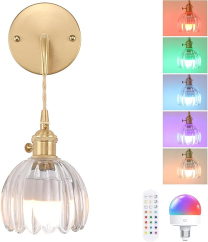 Shenmoyl Battery Operated Wall Sconce with Clear Tulip Shade Pattern Glass Adjustable Chain Retro Gold Wall Mounted Light, Modern Wall Lamp Fixtures Decor for Bedside Bedroom Indoor Doorway