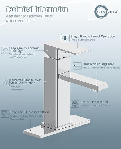 Bathroom Faucet, Bathroom Sink Faucets with Pop-up Drain and Deck Plate, Single Hole Vanity Sink Faucet for Modern Farmhouse RV Vessel Sink (1~3 Holes), Chrome
