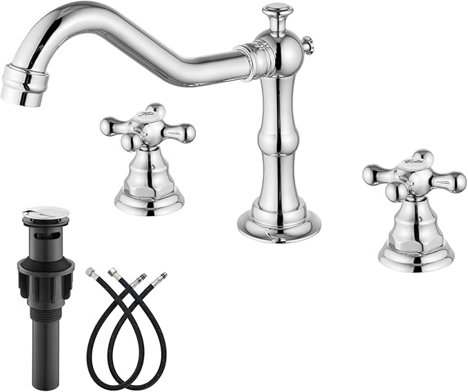 gotonovo Bathroom Faucet 3 Hole 8 Inch Widespread Bathroom Sink Faucet 2 Cross Handles Vintage Lavatory Vanity Mixer Tap with Pop Up Drain, Round Font Label, Polish Chrome