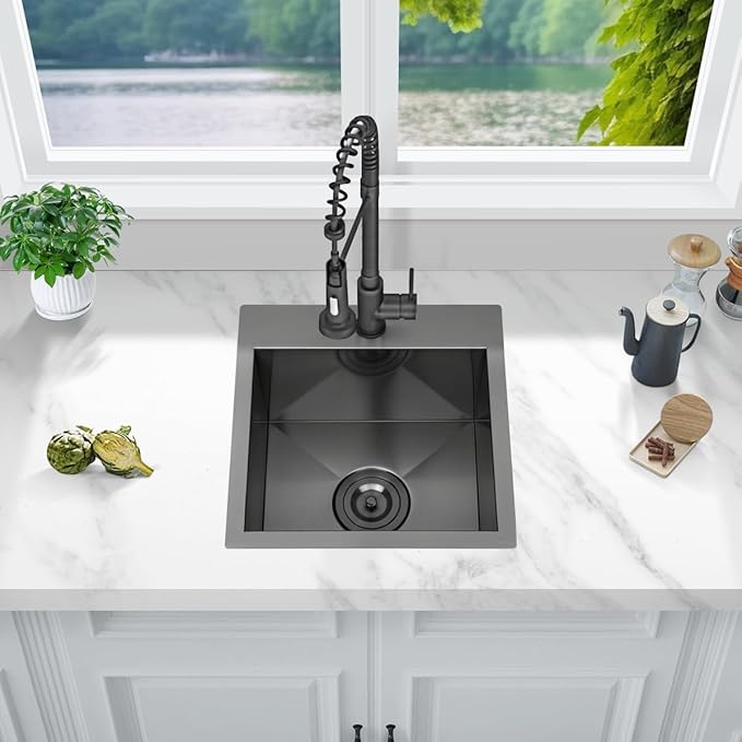 FRANIC 15" Handmade Black Bar Workstation Sink, 15" x 15" x 9" Stainless Steel Matte Nano Black Topmount Single Bowl Small Kitchen Outdoor Sink