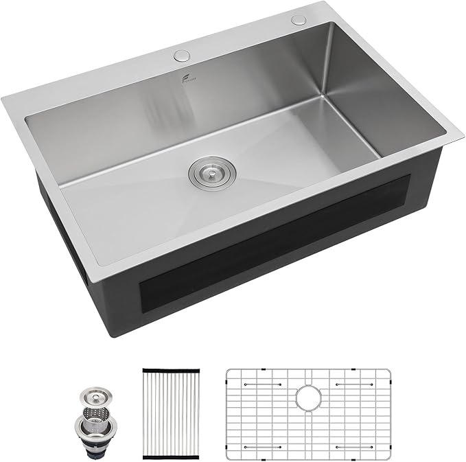 33 Drop In Kitchen Sink - Fuyuoer 33x22 inch Drop in Stainless Steel Sink 16 Gauge Single Bowl 10'' Deep Large Topmount Kitchen Sinks Over Mount, Round Corners